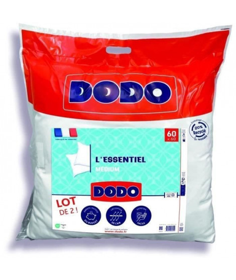 DODO Lot de 2 Oreillers Médium - L'ESSENTIEL - 60x60 cm - 100% Polyester