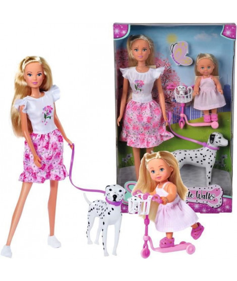 Steffi Love poupée dalmatien + Evi Love - 2 poupées 29 et 12 cm - 2 Figurines Dalmatien - Trotinette Evi - Des 3 ans