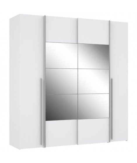 Armoire NARAGO - Décor Blanc mat - 2 portes coulissantes + miroir + 2 portes battantes + 2 penderies - L200 x P61 x H210 cm