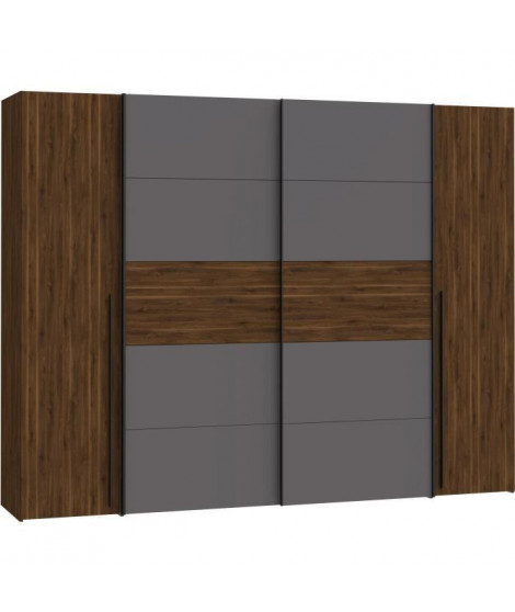 Armoire NARAGO - Décor Noyer Bakersfield et gris - 2 portes coulissantes + 2 portes battantes - L270 x P61 x H210 cm