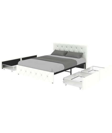 Lit adulte DAVID 160 x 200 cm - 4 tiroirs - Sommier inclus - Simili blanc