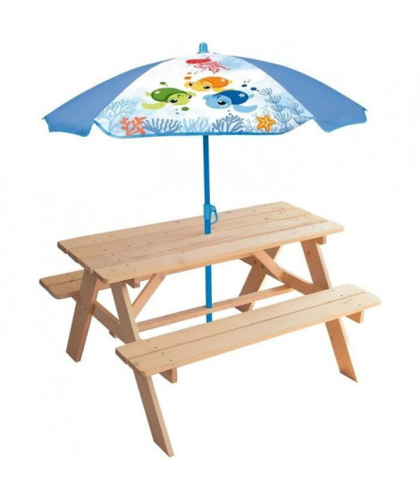 Mobilier de jardin - FUN HOUSE - Table pique-nique en bois Ma Petite Carapace H.53xL.95xP.100 cm avec parasol tortue H.125x10…