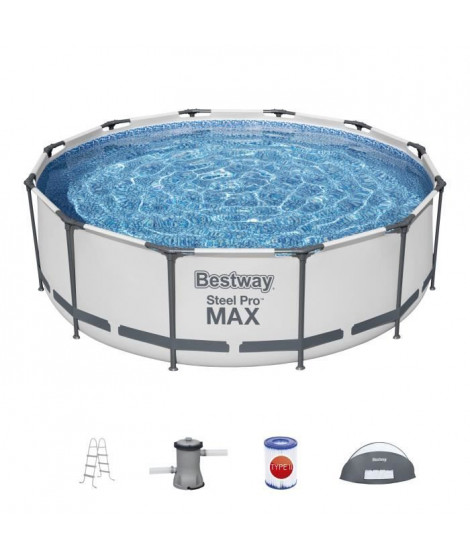 Kit Piscine hors sol tubulaire BESTWAY - Steel Pro Max - 366 cm x 100 - Ronde (Pompe de filtration, échelle, auvent)
