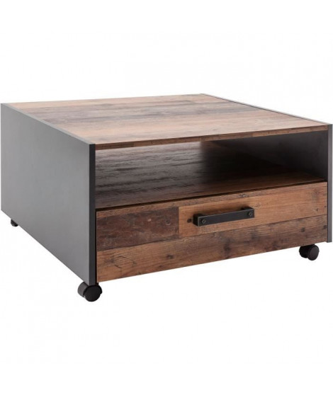 Table basse carré - Panneaux de particules - Décor bois vieilli et gris - Double plateau -1 Tiroir - L70 x P70 x H40 cm