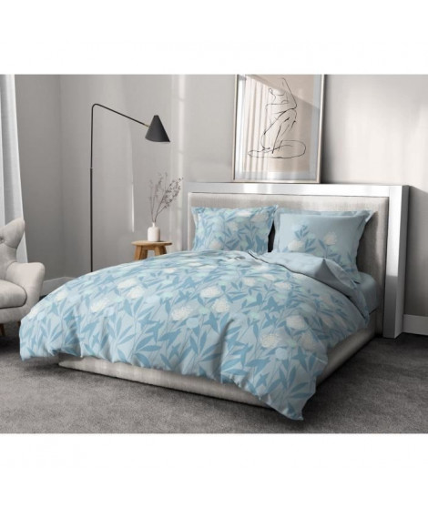 Parure de couette HOME LINGE PASSION Tempete Florale - 3 Pcs - 240 x 260 - 100% Coton 57 Fils - Bleu