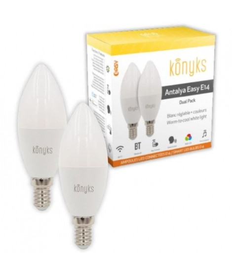 2 Ampoules LED - KONYKS - Antalya Easy E14 - Wifi + Bt - 5 W - 350 Lumens - Couleurs + Blanc - Compatible Alexa / Google Home