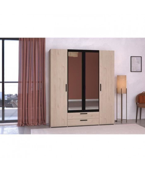 Armoire - Panneau de particules - Décor chene et noir - 4 portes centrales - Essentiel - Chambre - 120.3x185x51.7 cm