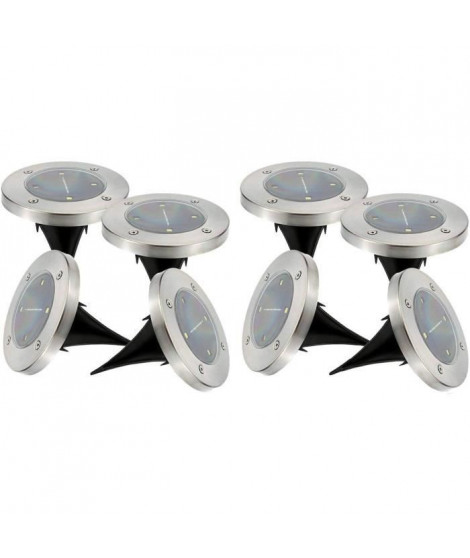 Lot de 8 spots solaires ronds inox encastrable ou a piquer - LUMISKY - DECKY - LED blanc froid - Ø12 cm