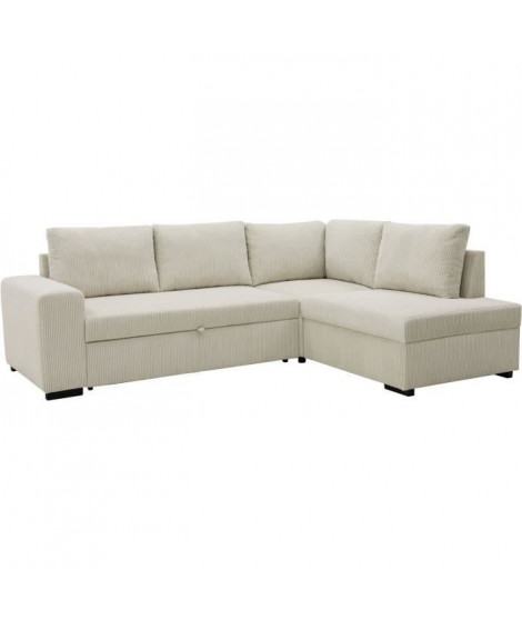 Canapé d'angle convertible réversible LINCOLN 4 a 5 places - Tissu velours côtelé perle - Coffre de rangement - L247 x P 183 …