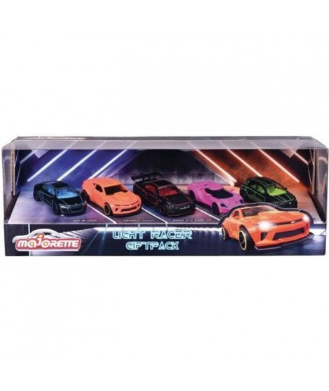 Majorette - Coffret cadeau Light Racer - 5 voitures miniatures de marque reconnue - 7,5cm - Couleurs Néon