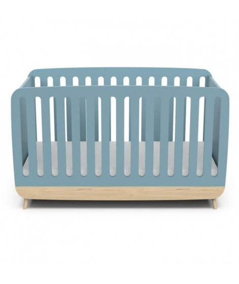 Ens. lit bébé 70 x 140 Kit évolutif, commode 2 tiroirs, 3 niches et 1 plan a langer - FIRMIANA - Scandinave - Bleu / bois -