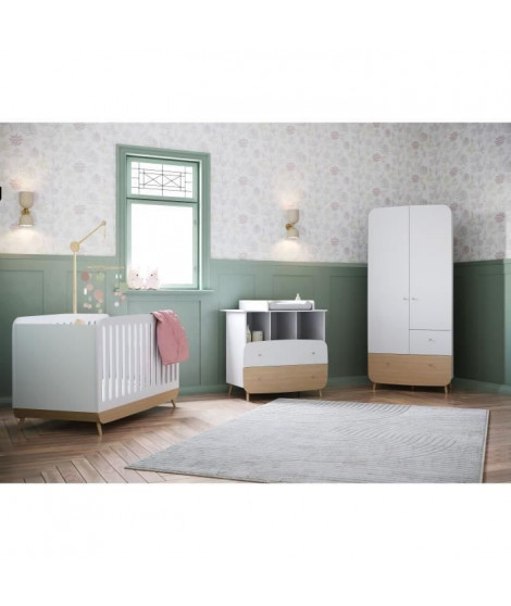 Ens. lit bébé 70 x 140 Kit évolutif, commode 2 tiroirs, 3 niches et 1 plan a langer, 1 armoire- FIRMIANA - Blanc & bois - DEM…