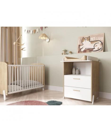Ensemble duo 60 comprenant 1 lit a barreaux 60 x 120 cm & 1 commode a langer 2 tiroirs - NAILI - Hamilton / Blanc mat - DEMEYERE