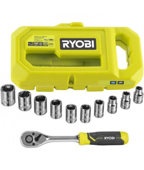 Coffret 1 clé 90 dents (angle de reprise 4°), 8 douilles (de 8 a 15 mm) et adaptateur 1/4'' - 3/8'' - Compatible avec Ryobi LINK