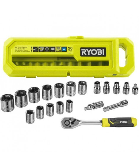 Coffret 1 clé 90 dents (angle de reprise 4°) & 16 douilles (de 7 a 24 mm), adaptateur Hex 1/4'' - Hex 3/8'' - Compatible Ryobi