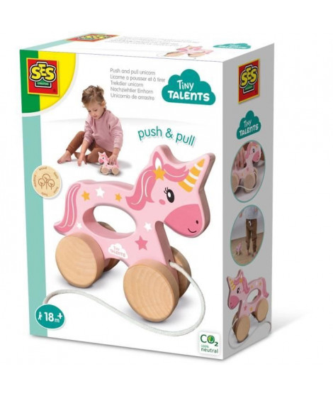 Licorne en bois 2 en 1 - A pousser et a tirer - SES CREATIVE - Licorne rose a pousser ou a tirer.