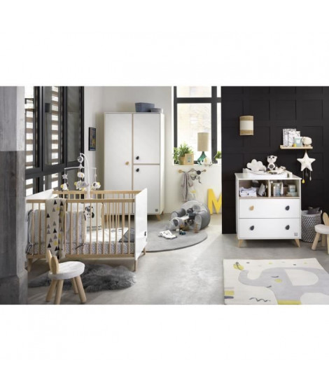 Chambre bébé trio MONTANA - Lit 120x60 + Commode a langer 2 tiroirs + armoire 2 portes - décor chene doré - SAUTHON
