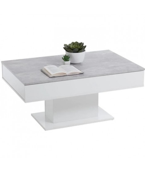 Table basse bicolore avec plateau coulissant - Décor gris béton LA et blanc brillant - L100 x H46,1 x P65 cm - Fabriqué en Al…