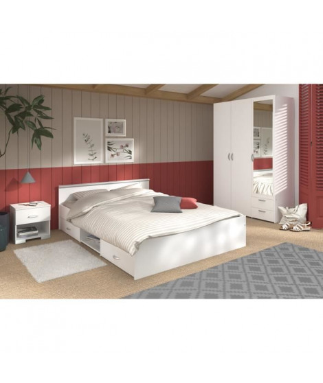 Chambre complete adulte: Lit 160 x 200 cm + armoire 3 portes et 2 tiroirs + 2 chevets - Décor Blanc - PARISOT