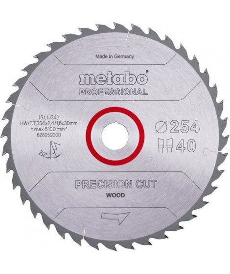 Lame de scie circulaire Pro - METABO - Precision Cut Wood HW/CT 254x30, 40 WZ 20°