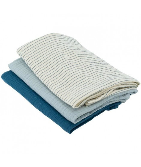 Lot de 3 langes Bambou - DOMIVA - 1 Imprimé + 2 Uni - Bleu indigo - 60x60 cm