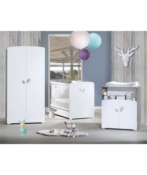 Chambre bébé trio Leaf: lit 120x60, commode a langer et armoire - Babyprice - Blanc