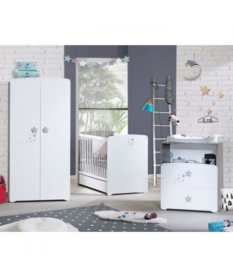 Chambre bébé trio Nao:  lit 120x60, commode a langer et armoire - Babyprice - Blanc