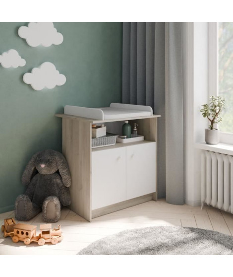 Commode a langer 2 portes, 1 niche - HELICIA - Blanc mat & Chene kronberg - 79,6 x 70 x 94,4 cm - DEMEYERE