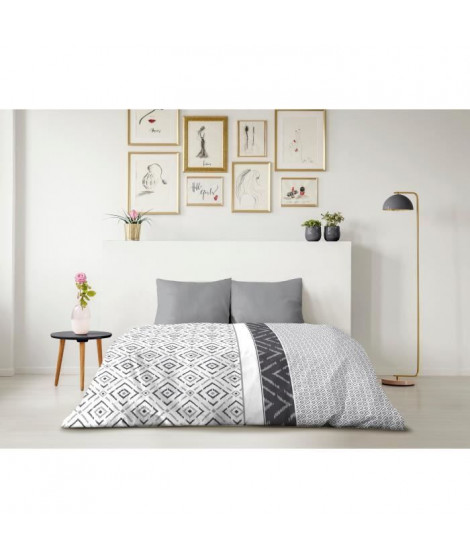 Parure de couette microfibre ETHNO - 1 housse de couette 220 x 240 cm + 2 taies d'oreiller 63 x 63 cm - Gris