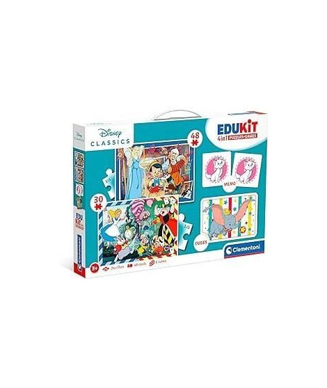 Clementoni - Edukit - Disney - Coffret apprentissage 4 en 1 - 2 puzzles, 1 mémo, 1 jeu de 6 cubes - Fabriqué en Italie - Dés …