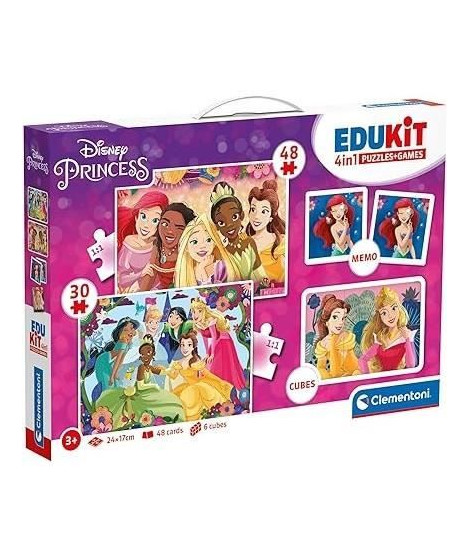 Clementoni - Edukit - Disney Princesses - Coffret apprentissage 4 en 1 - 2 puzzles, 1 mémo, 1 jeu de 6 cubes - Fabriqué en It…