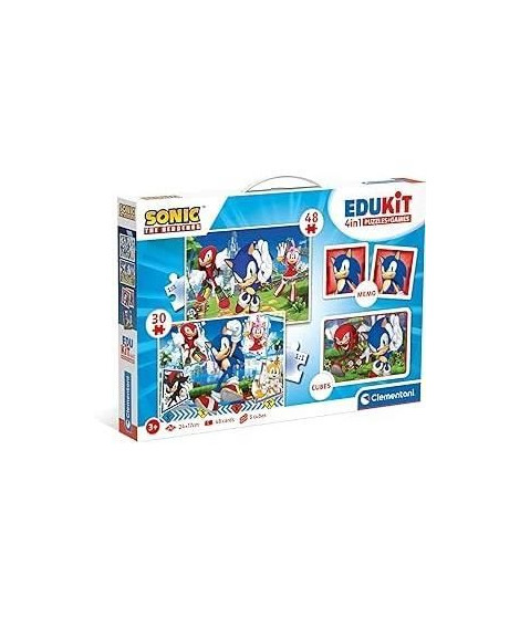Clementoni - Edukit - Sonic - Coffret apprentissage 4 en 1 - 2 puzzles, 1 mémo, 1 jeu de 6 cubes - Fabriqué en Italie -Dés 4ans