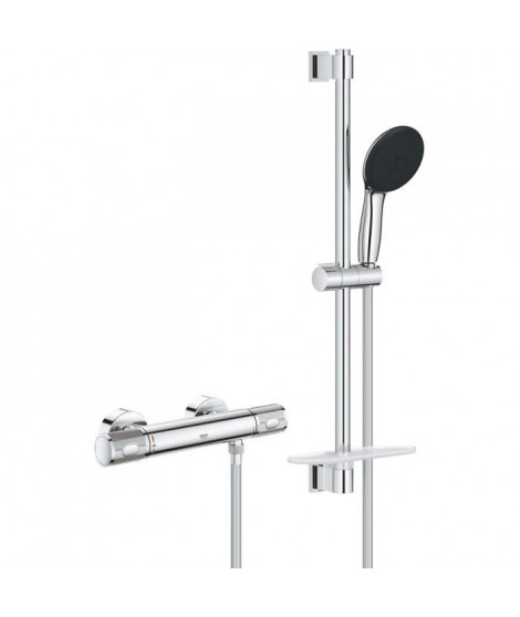 Ensemble de douche avec mitigeur thermostatique, pommeau 3 jets, barre 60cm et flexible - GROHE 34791001 - Economie d'eau - C…