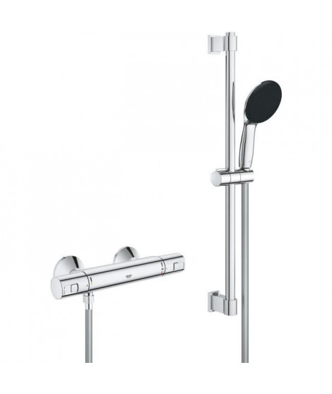 Ensemble de douche avec mitigeur thermostatique, pommeau 1 jet, barre 60cm et flexible - GROHE 34597001 - Economie d'eau - Ch…