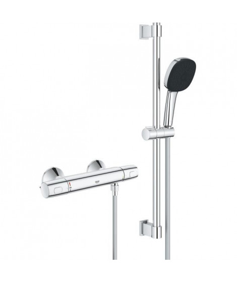 Ensemble de douche avec mitigeur thermostatique, pommeau 3 jets, barre 60cm et flexible - GROHE 34237003 - Economie d'eau - C…