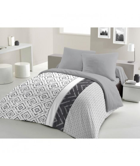 Parure de couette microfibre ETHNO - 1 housse de couette 240 x 260 cm + 2 taies d'oreiller 63 x 63 cm - Gris