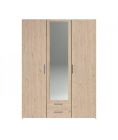 Armoire chambre VARIA - Panneaux de particules - Décor chene - 3 portes  + 2 tiroirs + miroir - L 150 cm x P 51,7 cm x H 200 cm
