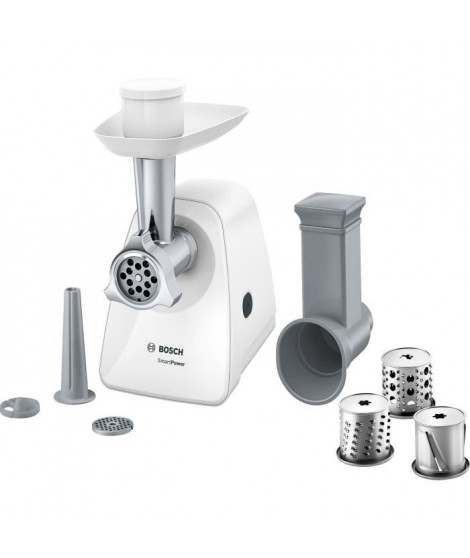 Hachoir a viande - BOSCH - MFW2514W SmartPower - Blanc - moteur bloqué 1500 W - 1,7 kg/mn - 2 grilles de hachoir - râpeur/émi…