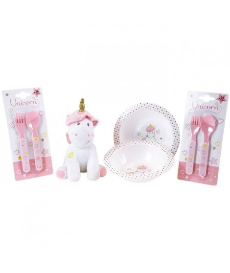 Lot Vaisselle Licorne pour Enfant - FUN HOUSE - 006319 - 2 Assiettes, 2 Sets de Couverts et 1 Peluche Douce