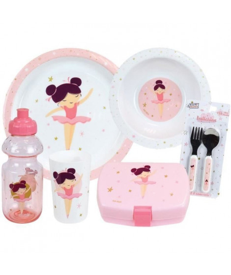 Lot Vaisselle Danseuse Ballerine - FUN HOUSE - 006364 - Verre, Assiette Creuse, Assiette Plate, Couverts, Gourde et Boîte Goûter