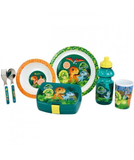 Lot Vaisselle Jurassic pour Enfant - FUN HOUSE - 006322 - Verre, Assiette Creuse, Assiette Plate, Couverts, Gourde et Boîte G…
