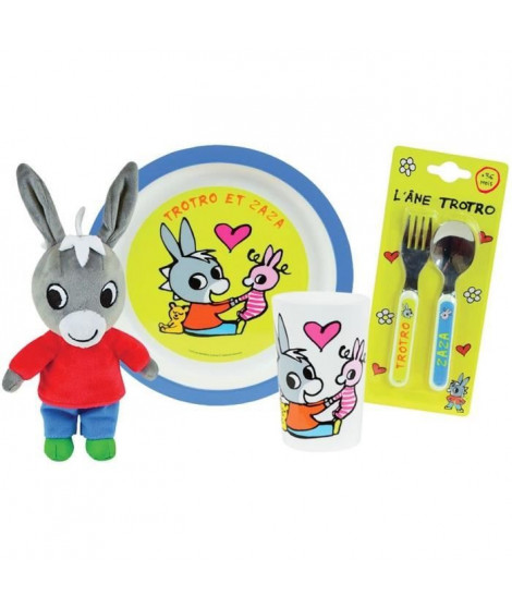 Lot Vaisselle Trotro pour Enfant - FUN HOUSE - 006374 - Verre, Assiette Plate, Couverts et Peluche Douce