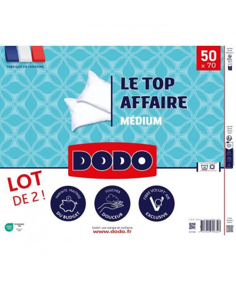 Lot de 2 oreillers - DODO - MEDIUM - Top Affaire 50 x 70 cm - Pour 2 personnes - Blanc