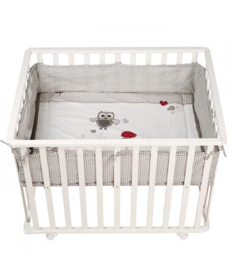 Parc Bébé 100x75 cm + Tapis Adam et Eule Imprimé Chouette + 4 Roues - ROBA - Bois blanc
