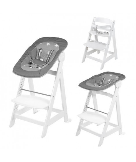 ROBA Chaise Haute Évolutive Born Up 2 en 1 + Transat Inclinable a Motifs Étoiles - Little Stars - Des la Naissance - Bois Blanc