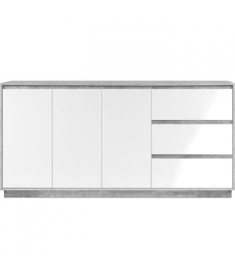 Buffet Phoenix 51A - Décor béton structuré / blanc brillant - Panneaux de particules - 3 portes/étageres/tiroirs - 178 x 88 x…
