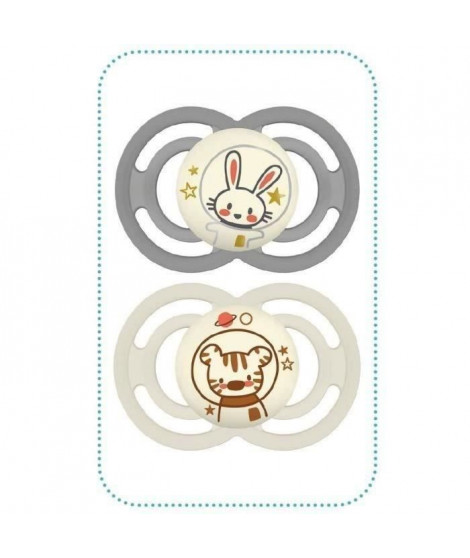Lot de 2 sucettes avec boîte de stérilisation - MAM - Perfect Nuit - 18 mois - Silicone - Gris et beige