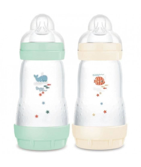 Lot de 2 Biberons - MAM - Easy Start - Anti-colique Classique - 260 ml - Tétine débit 2 - Menthe + Coton
