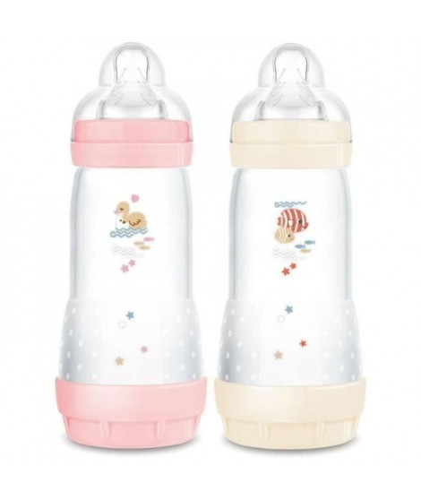 Lot de 2 Biberons - MAM - Easy Start - Anti-colique Classique - 320 ml - Tétine débit 3 - Bonbon + Coton