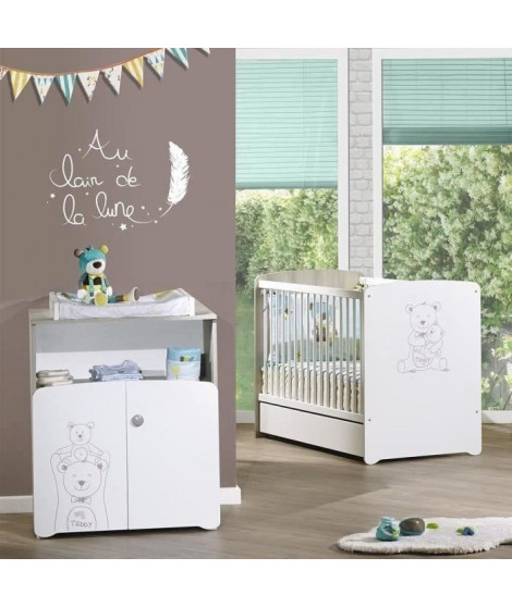 Chambre bébé duo Teddy: lit 120x60, commode a langer - Babyprice - Blanc